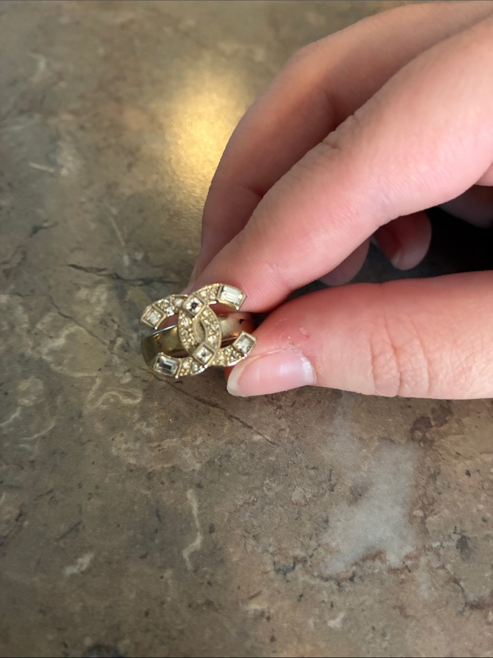 CHANEL Gold Crystal CC Logo Ring